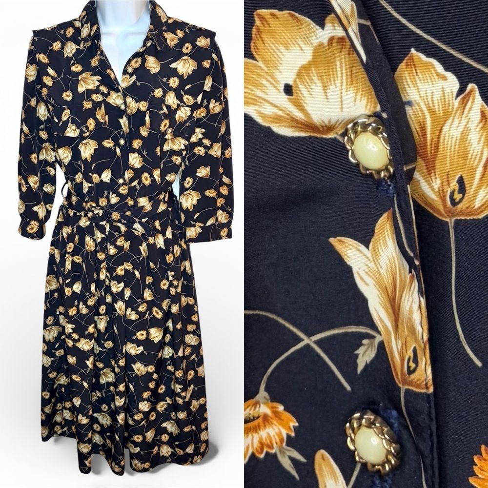 Breli Originals Vintage 80s Navy Gold Floral Midi Dress Belted Pearl Buttons 12